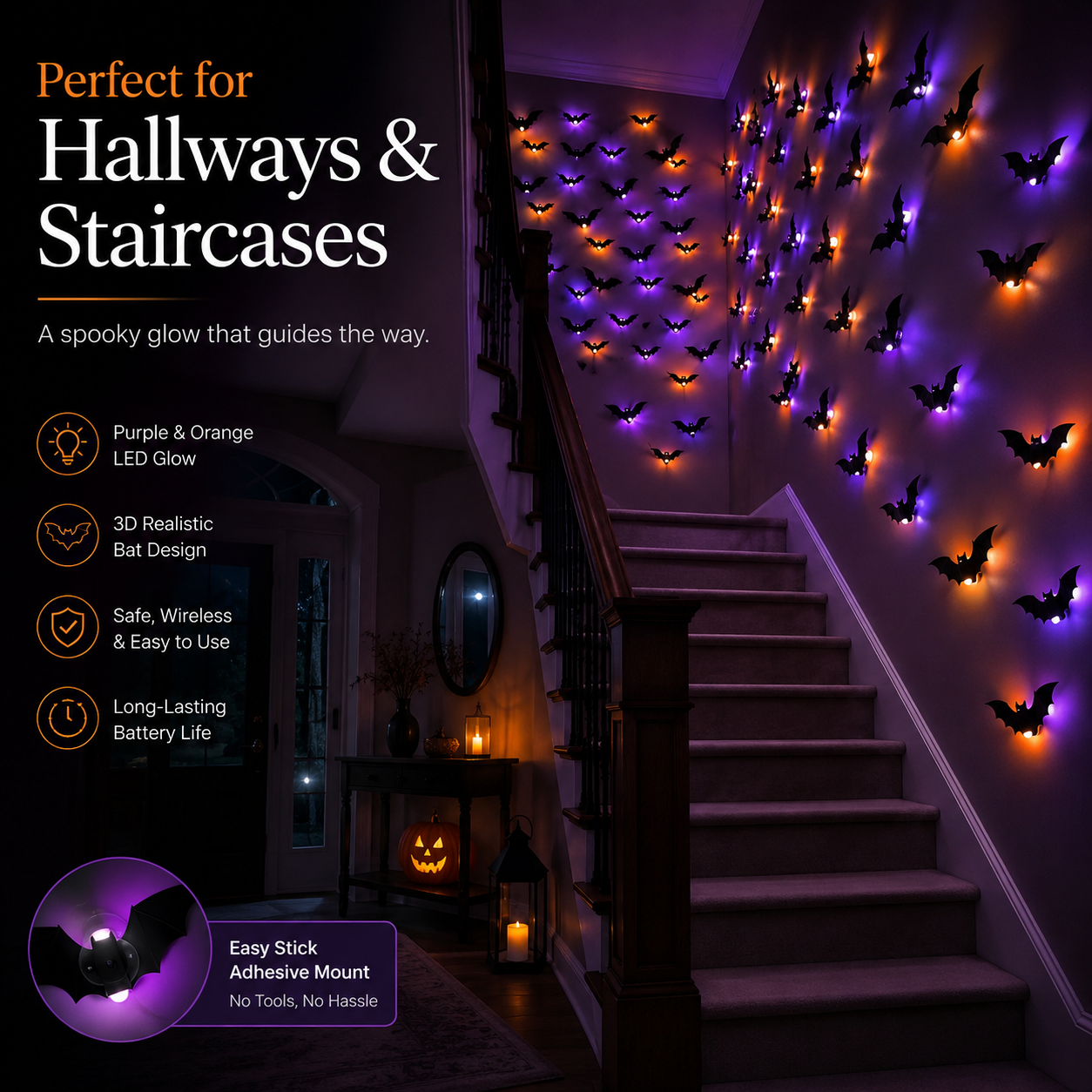 🦇3D LED Halloween Bat Lights – Purple & Orange Glow Wall Decor