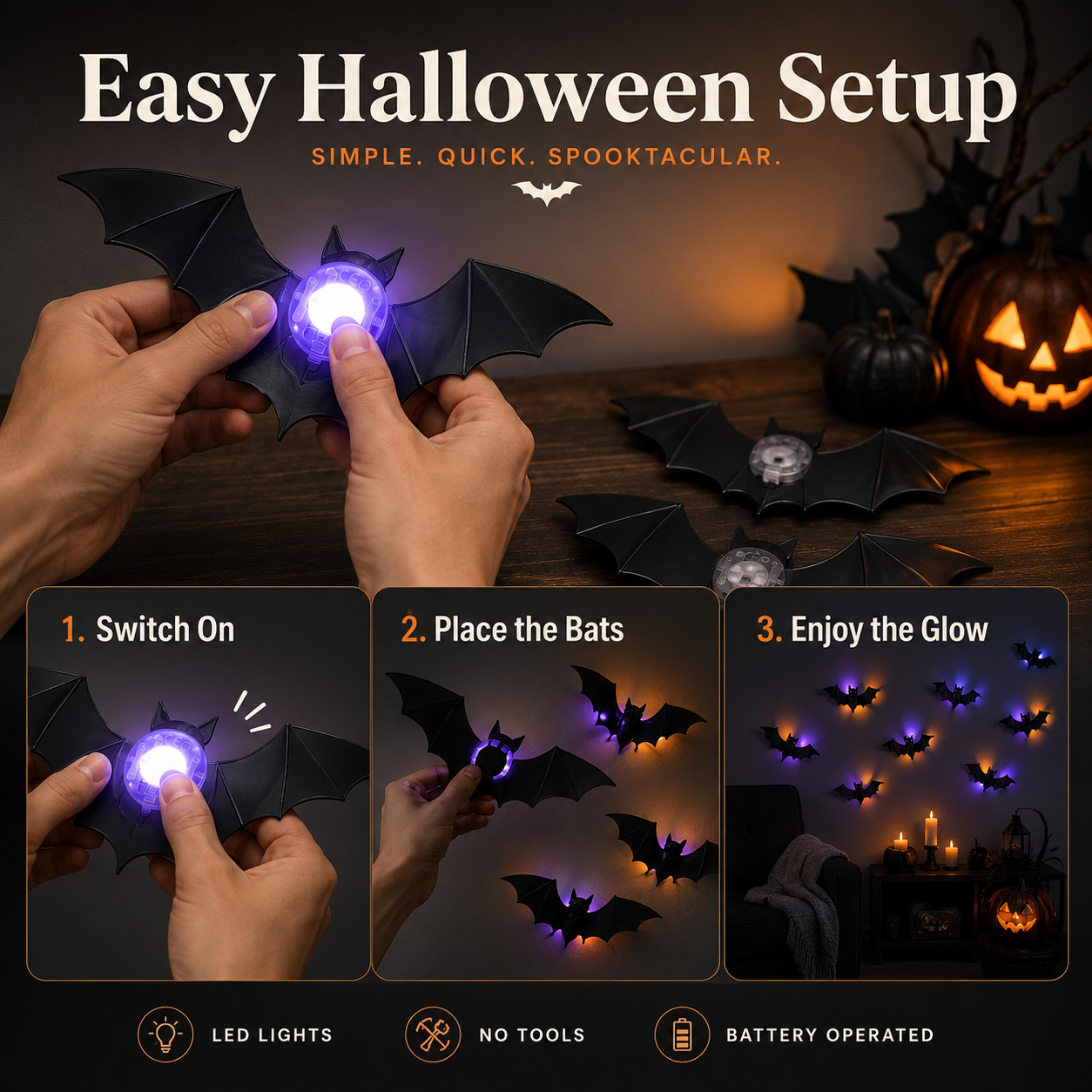 🦇3D LED Halloween Bat Lights – Purple & Orange Glow Wall Decor