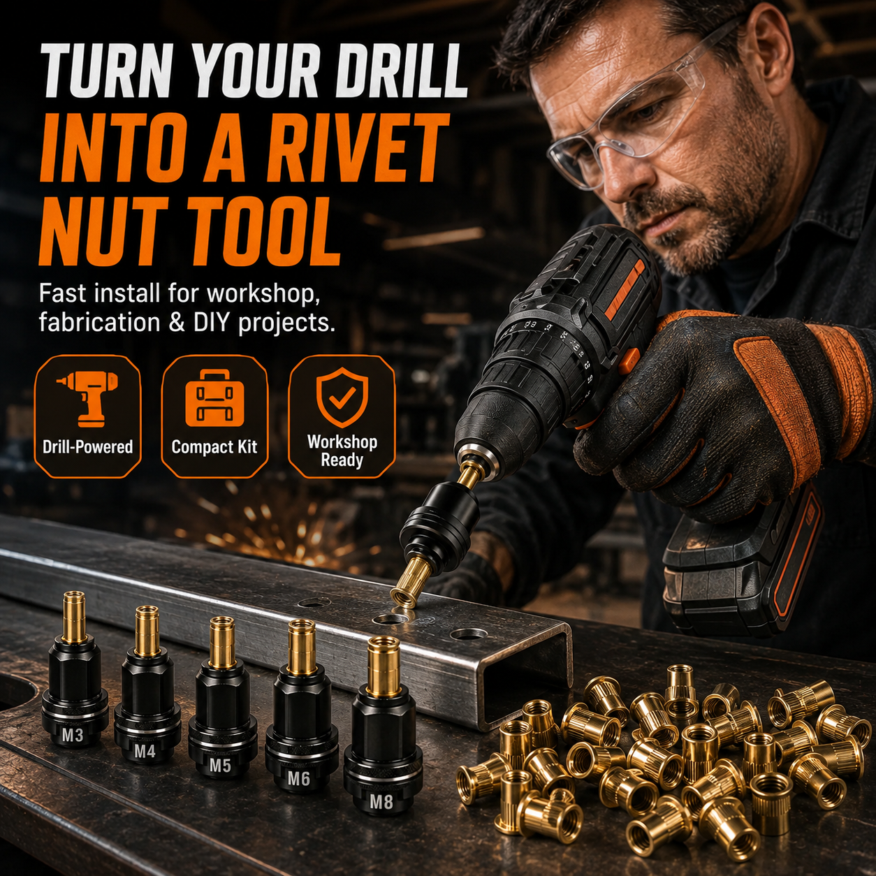🔧Complete Drill-PoweredRivet Nut Kit - M3-M8 ThreadedInsert Tool Set