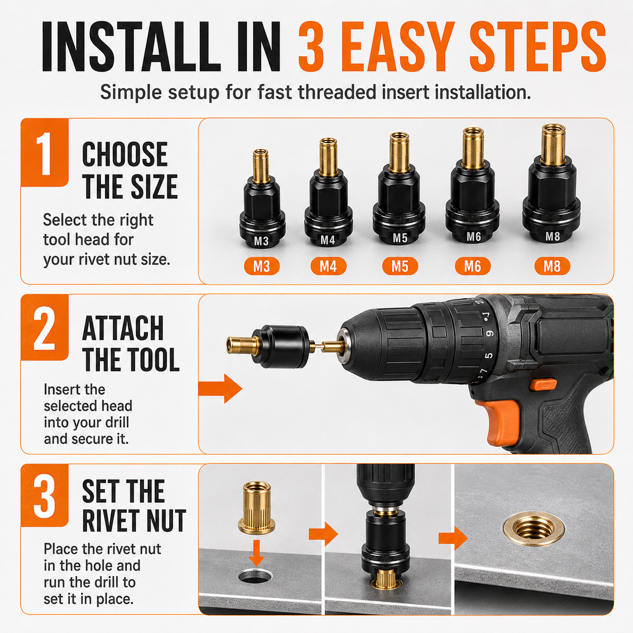 🔧Complete Drill-PoweredRivet Nut Kit - M3-M8 ThreadedInsert Tool Set