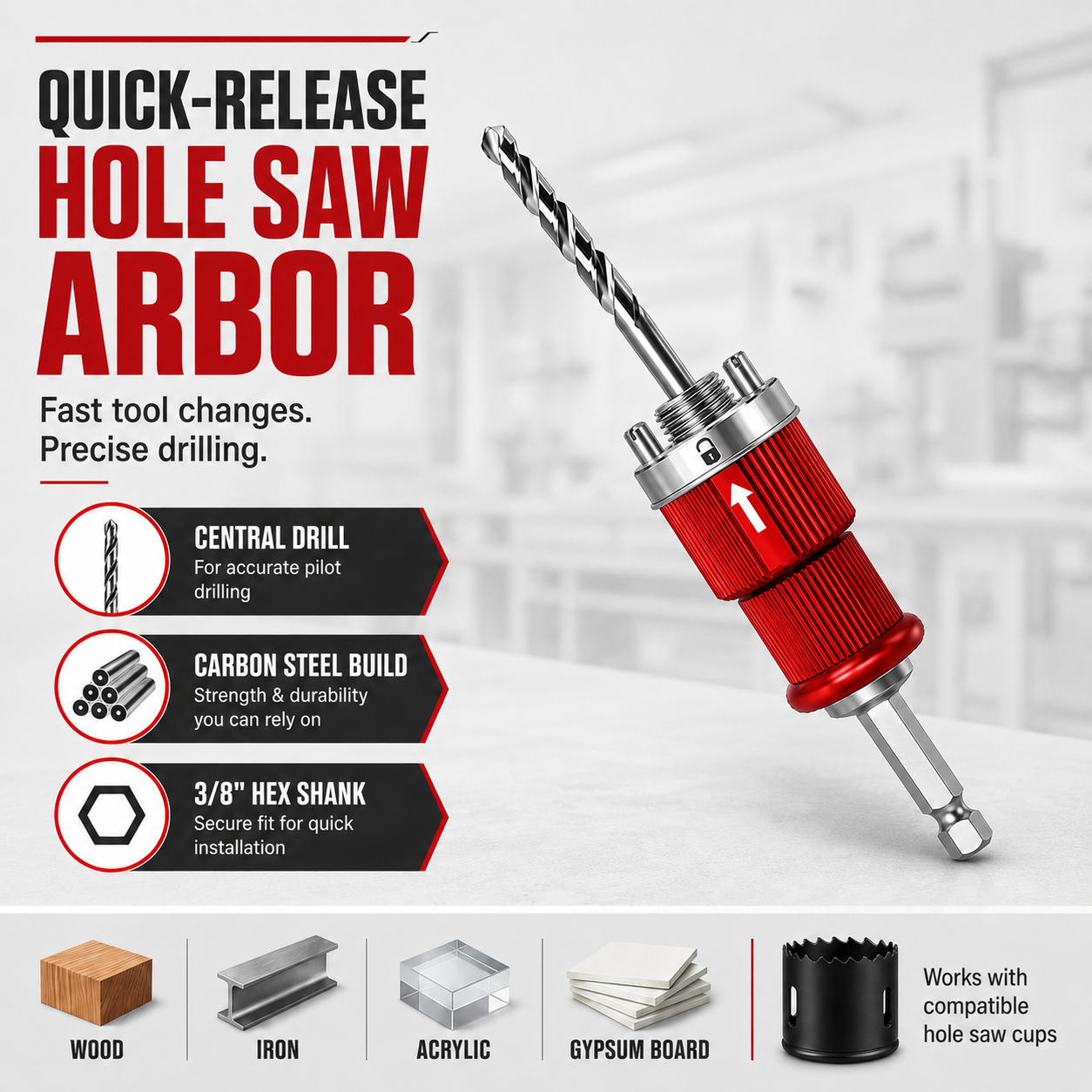 🔥Hex Shank Hole Saw Arbor with Central Drill, Carbon Steel 7.68"