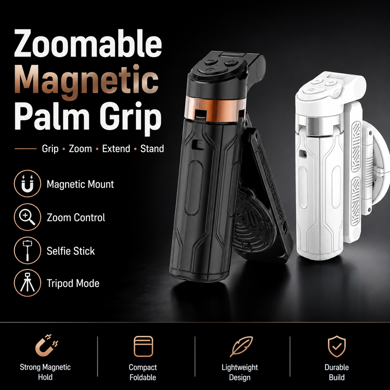 📸 Zoomable Magnetic Palm Grip | Selfie Stick & Tripod