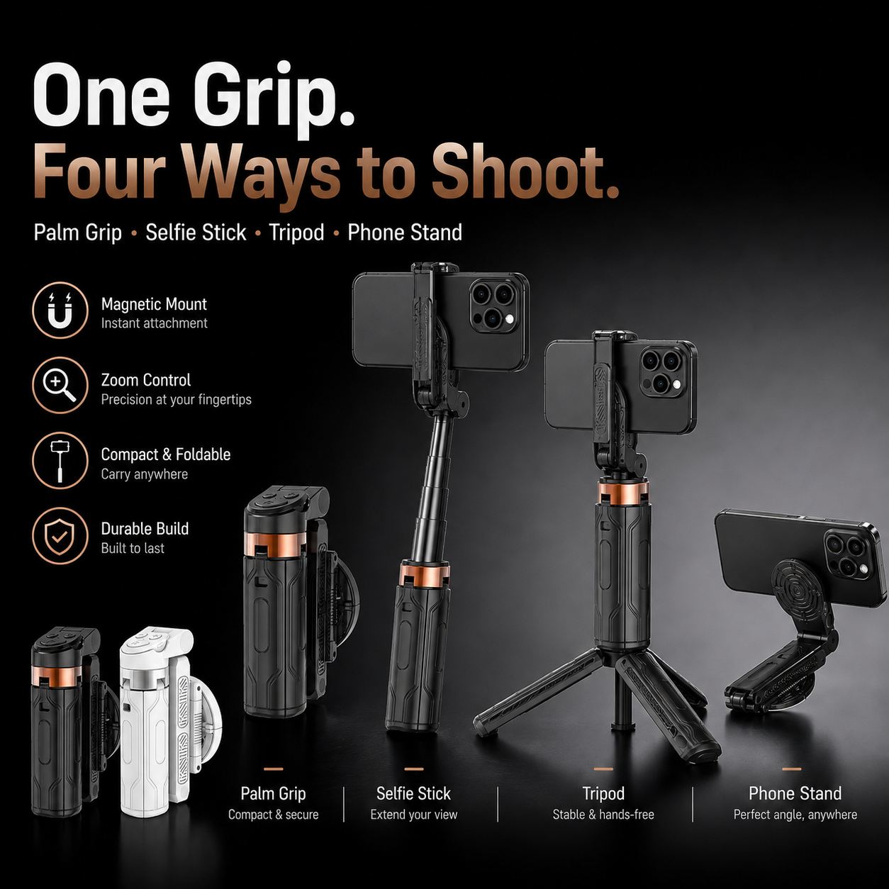 📸 Zoomable Magnetic Palm Grip | Selfie Stick & Tripod