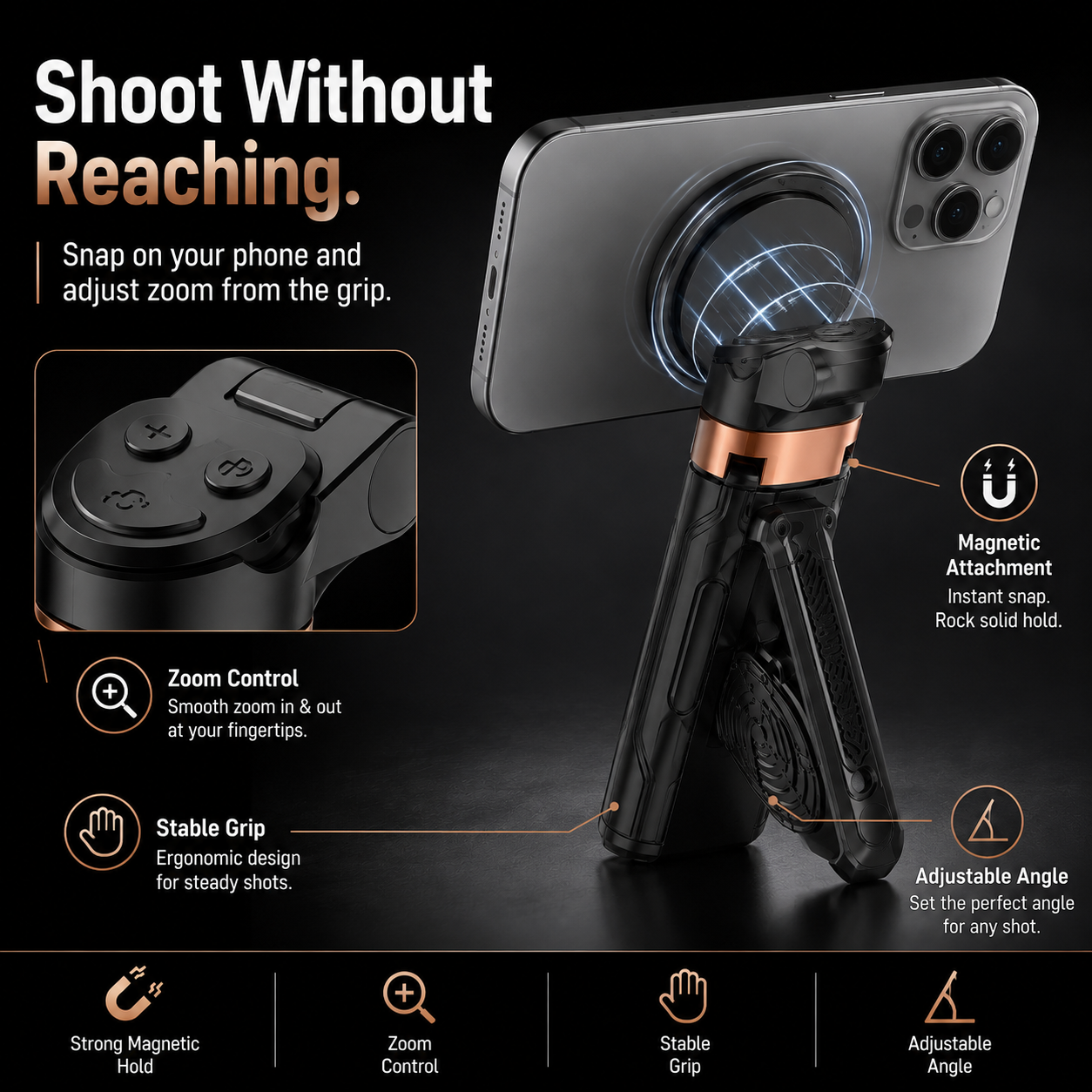 📸 Zoomable Magnetic Palm Grip | Selfie Stick & Tripod