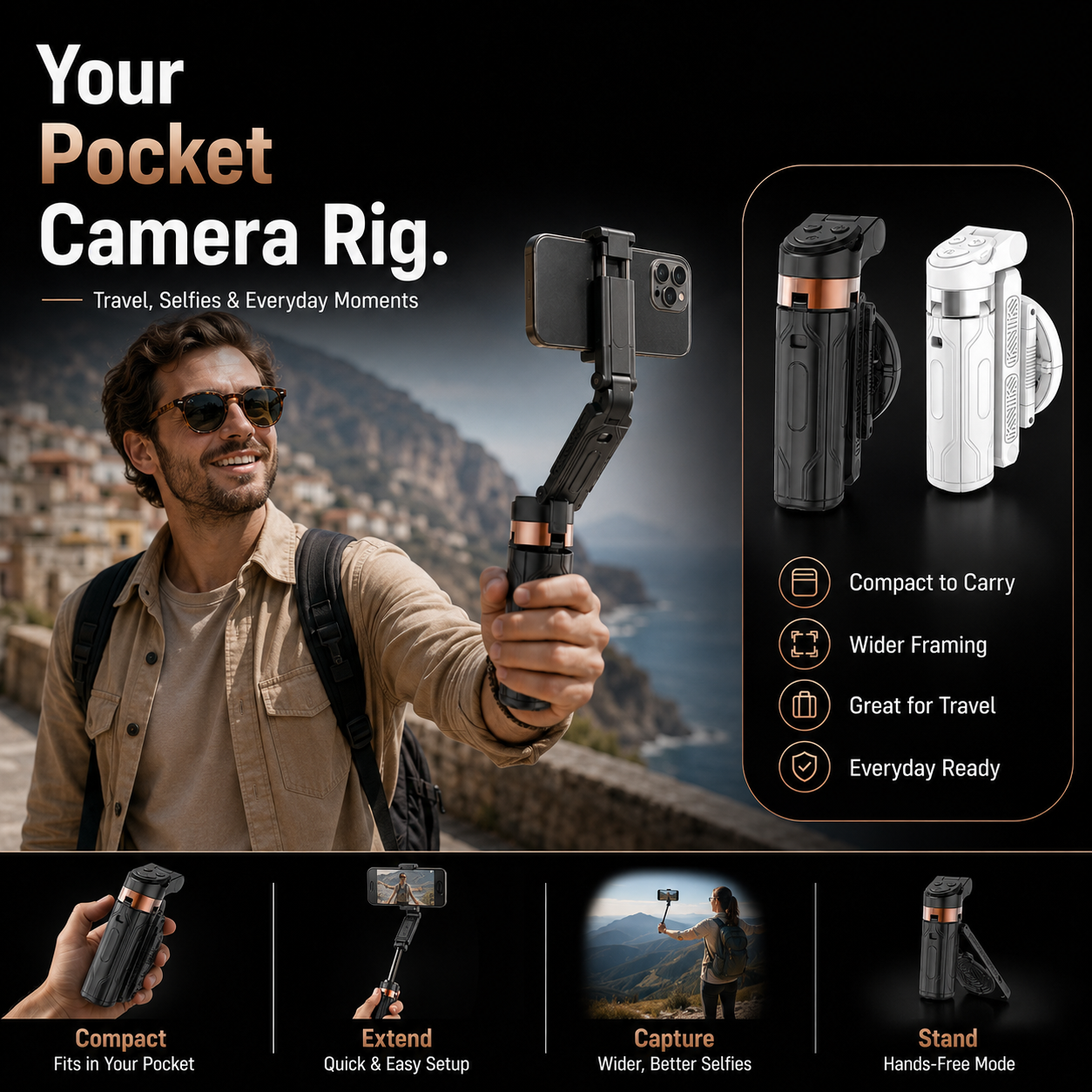 📸 Zoomable Magnetic Palm Grip | Selfie Stick & Tripod