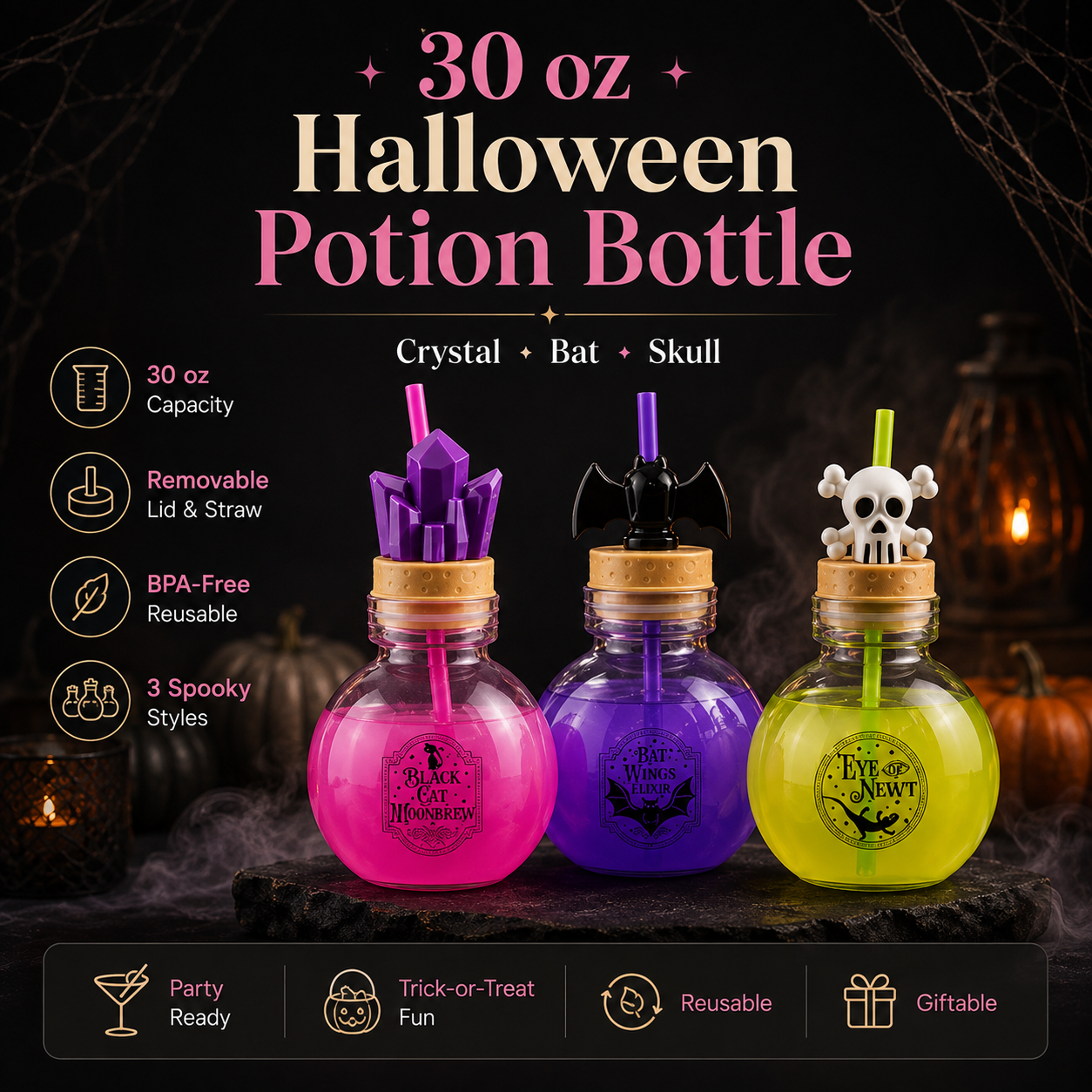 🎃 30 oz Halloween Potion Bottle with Straw – Crystal, Bat & Skull