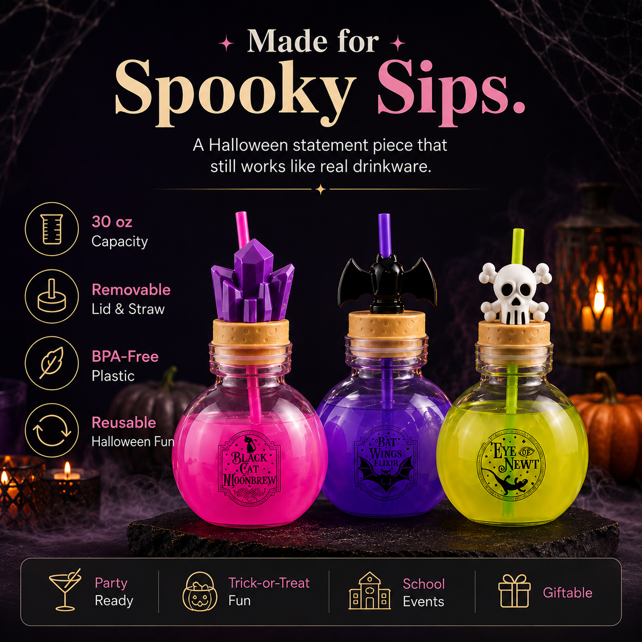 🎃 30 oz Halloween Potion Bottle with Straw – Crystal, Bat & Skull