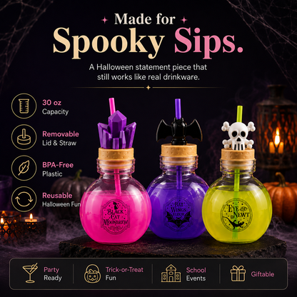 🎃 30 oz Halloween Potion Bottle with Straw – Crystal, Bat & Skull