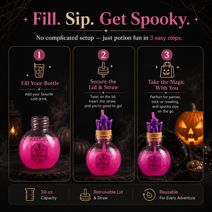 🎃 30 oz Halloween Potion Bottle with Straw – Crystal, Bat & Skull