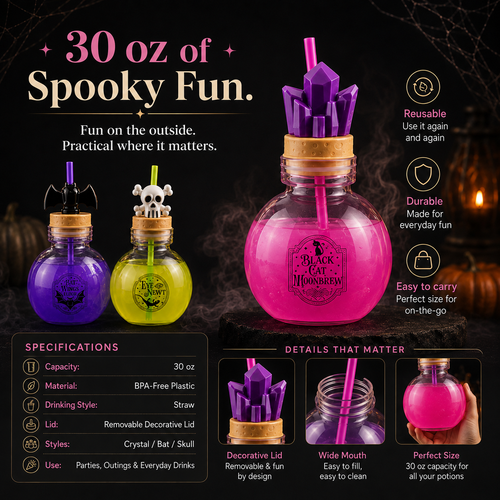🎃 30 oz Halloween Potion Bottle with Straw – Crystal, Bat & Skull