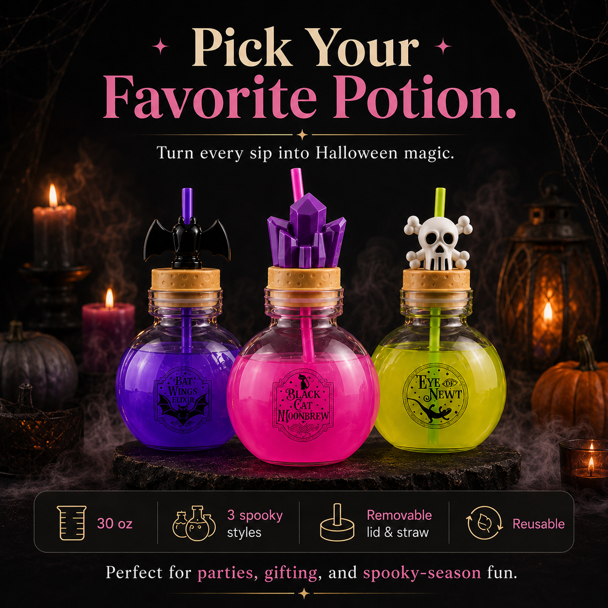 🎃 30 oz Halloween Potion Bottle with Straw – Crystal, Bat & Skull