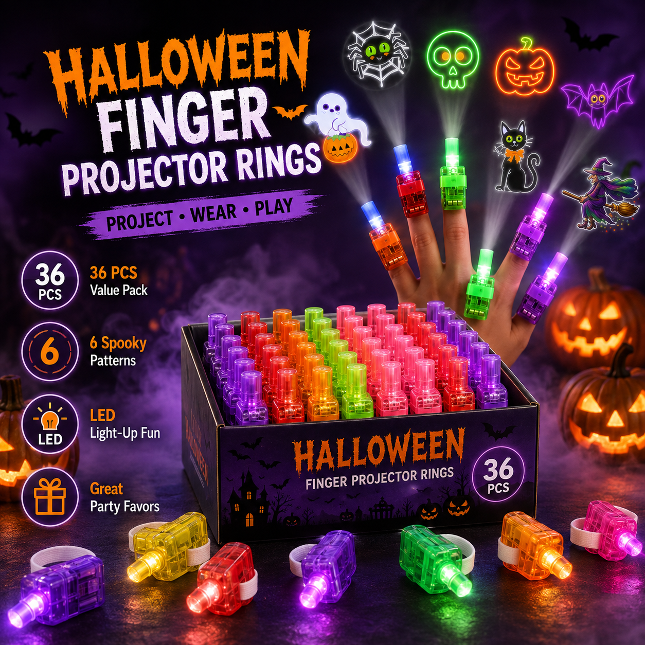 36 piece Halloween finger projector rings LED party favors