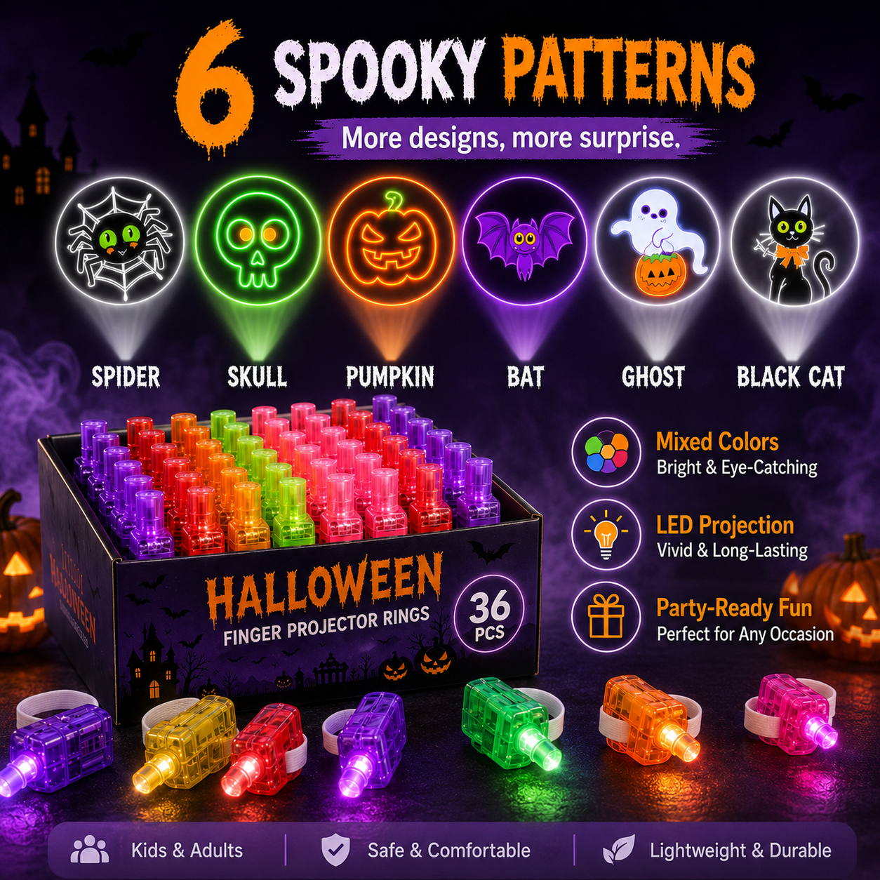 Six spooky Halloween finger projector ring patterns