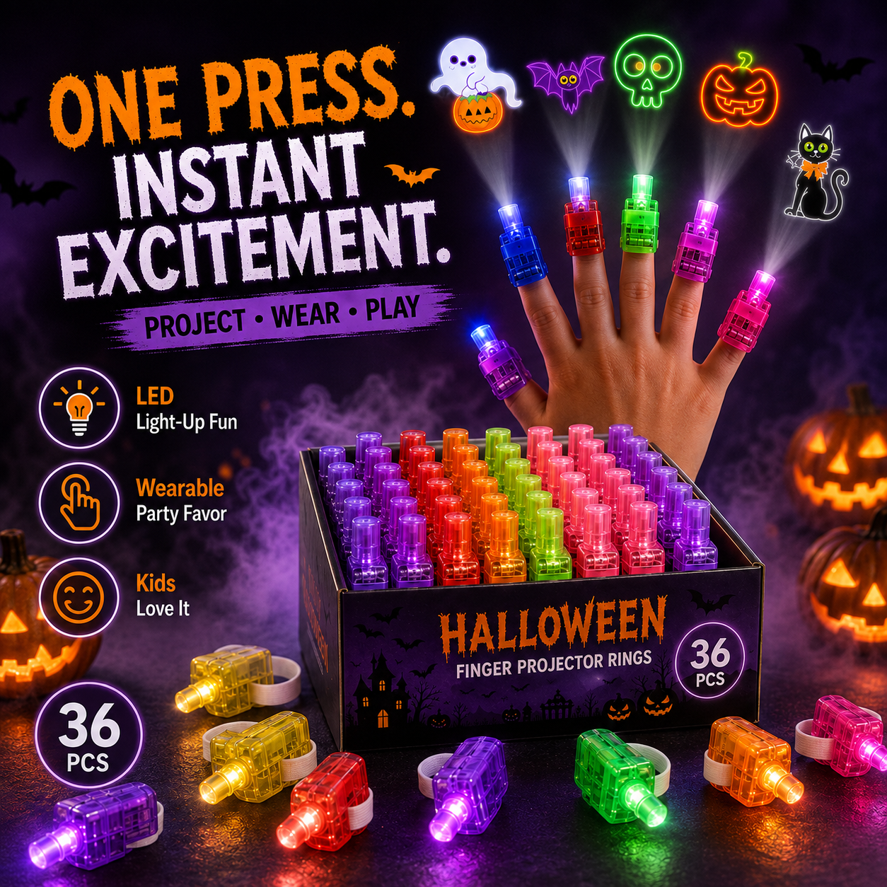 Kids wearing colorful Halloween LED projector finger rings
