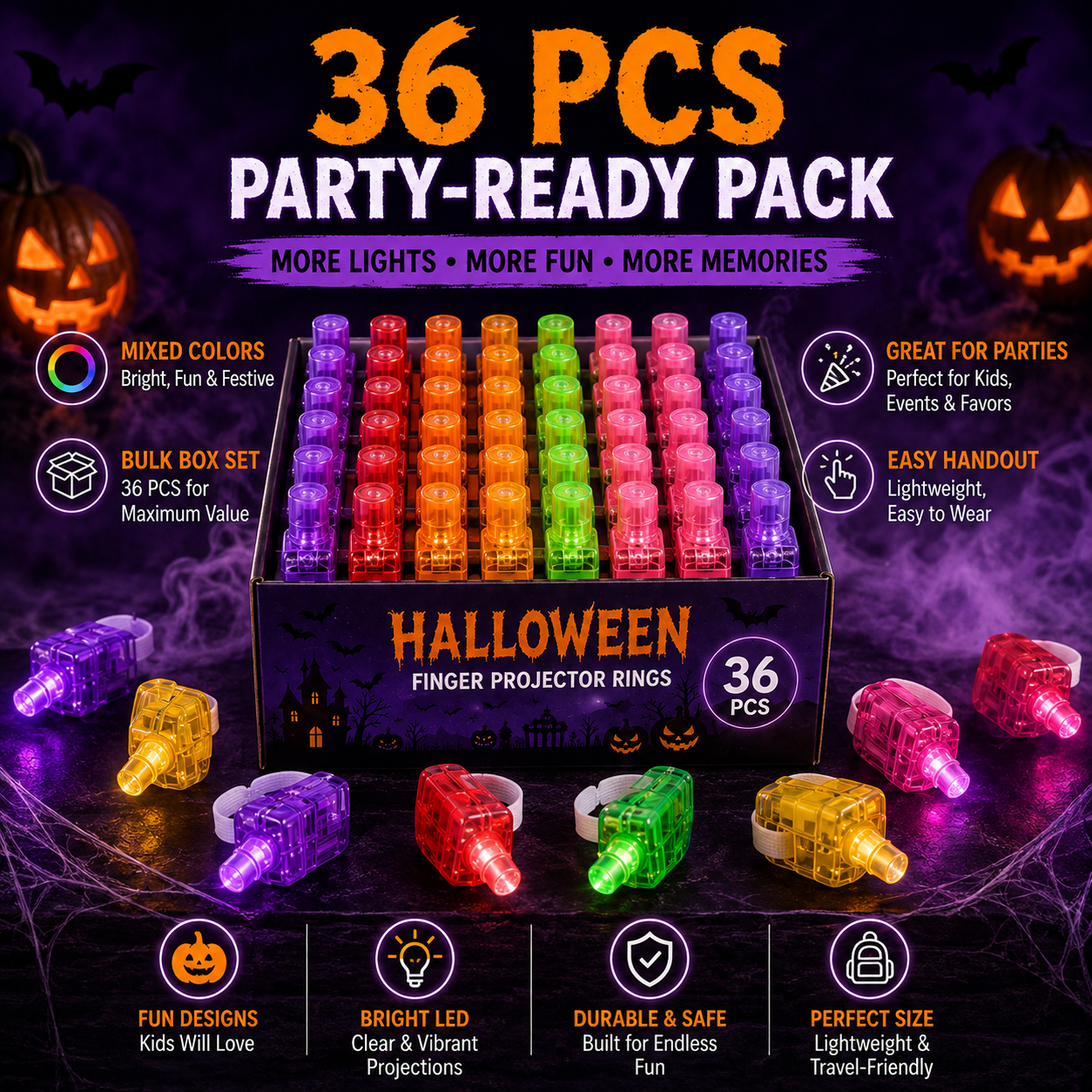 36 piece mixed color Halloween finger projector ring pack