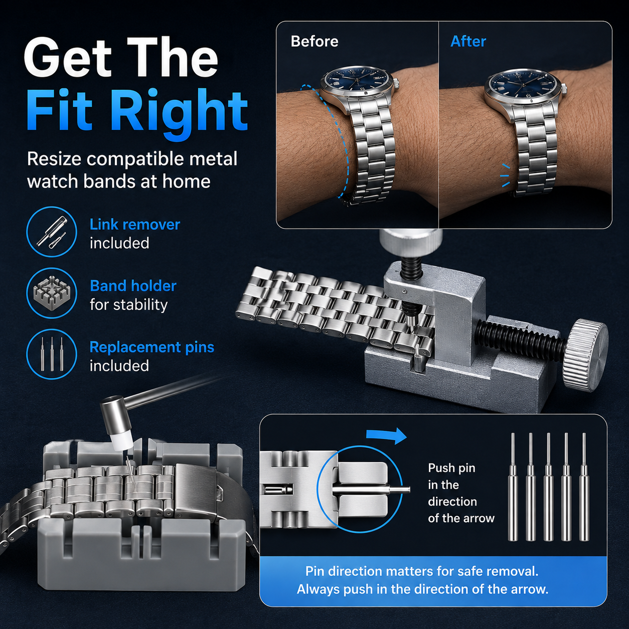 Watch link removal tool and bracelet resizing kit