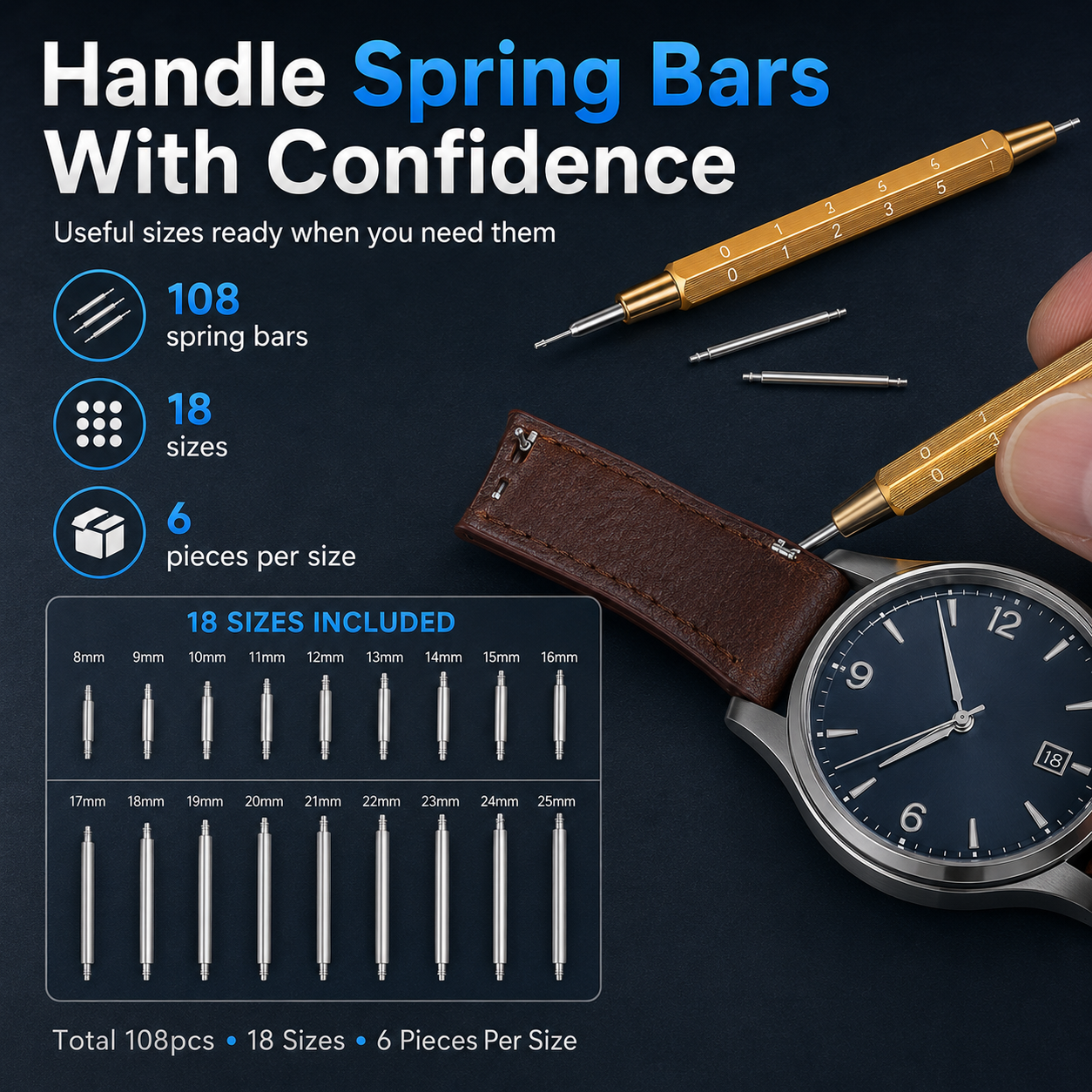 108 watch spring bars in 18 sizes