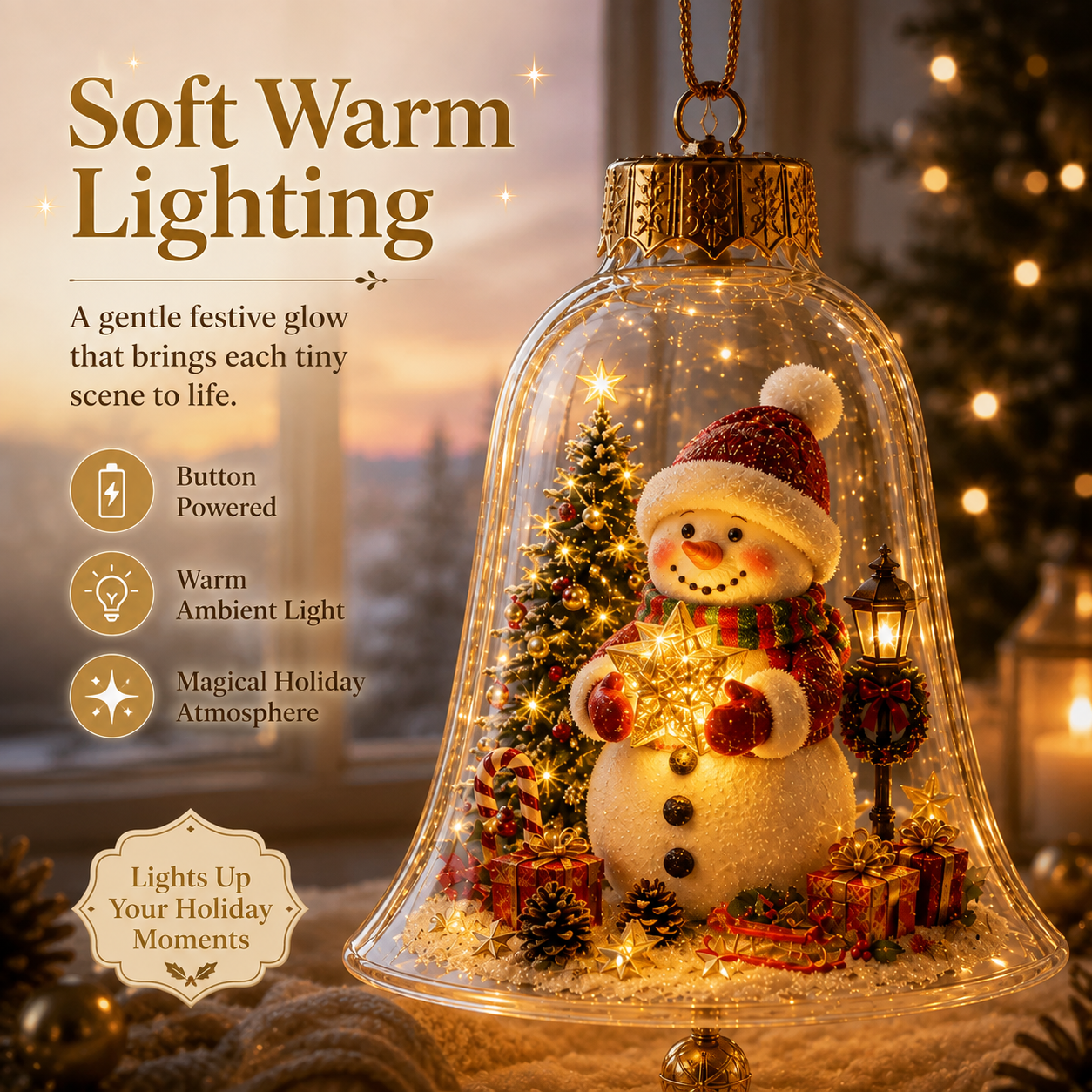 Soft warm lighting inside Christmas snowman ornament
