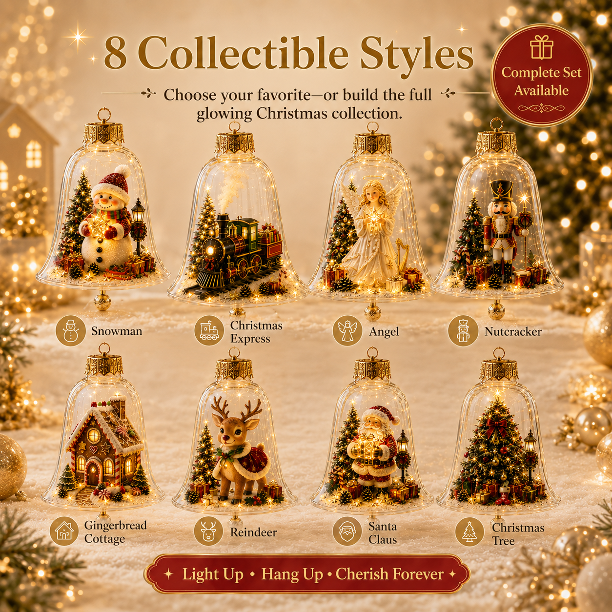 Eight collectible glowing Christmas ornament styles