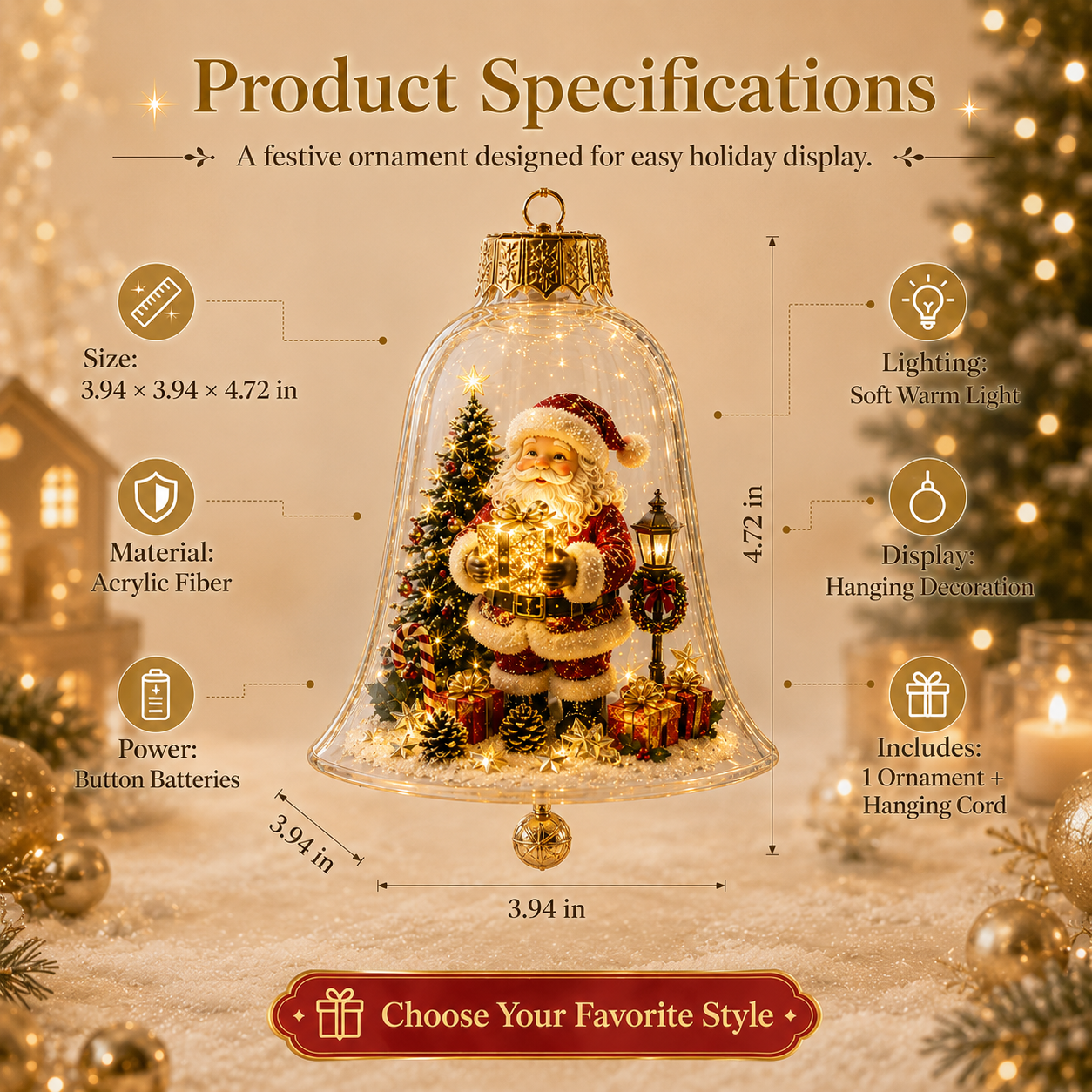 Glowing Christmas Story Ornament specifications dimensions