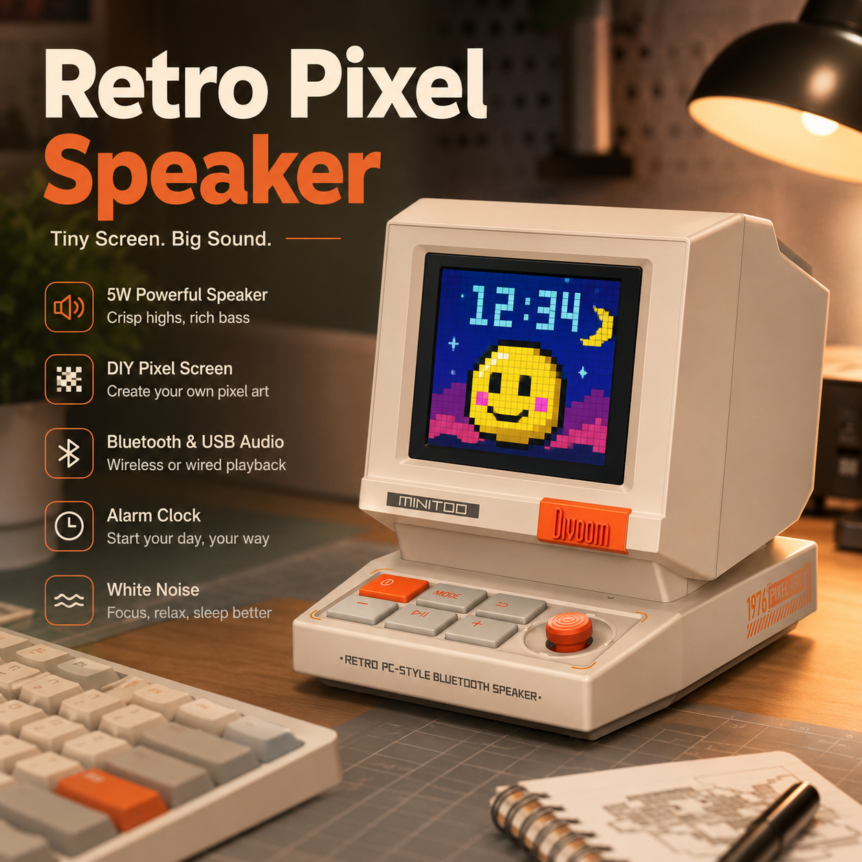 MiniToo Retro PC-Style Computer Speaker, Pixel Screen with DIY Faces | Bluetooth & USB Audio, Alarm/White Noise Clock, Desk Setup Gifts for Gaming