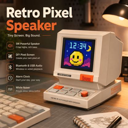 MiniToo Retro PC-Style Computer Speaker, Pixel Screen with DIY Faces | Bluetooth & USB Audio, Alarm/White Noise Clock, Desk Setup Gifts for Gaming