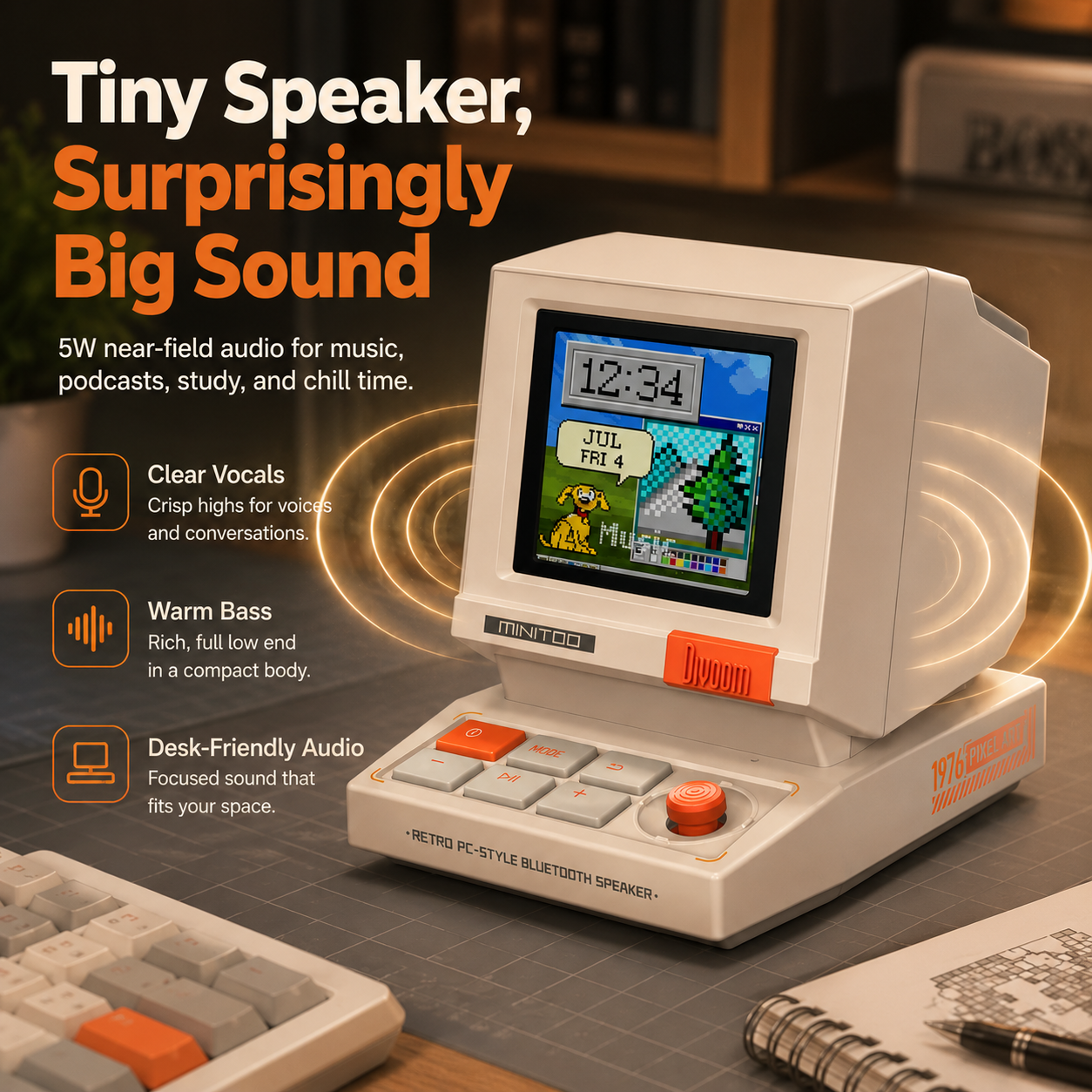 MiniToo Retro PC-Style Computer Speaker, Pixel Screen with DIY Faces | Bluetooth & USB Audio, Alarm/White Noise Clock, Desk Setup Gifts for Gaming