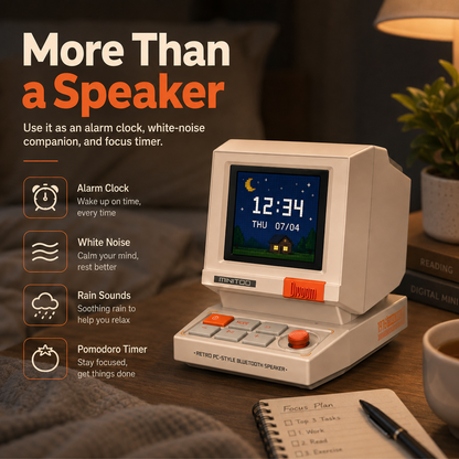 MiniToo Retro PC-Style Computer Speaker, Pixel Screen with DIY Faces | Bluetooth & USB Audio, Alarm/White Noise Clock, Desk Setup Gifts for Gaming