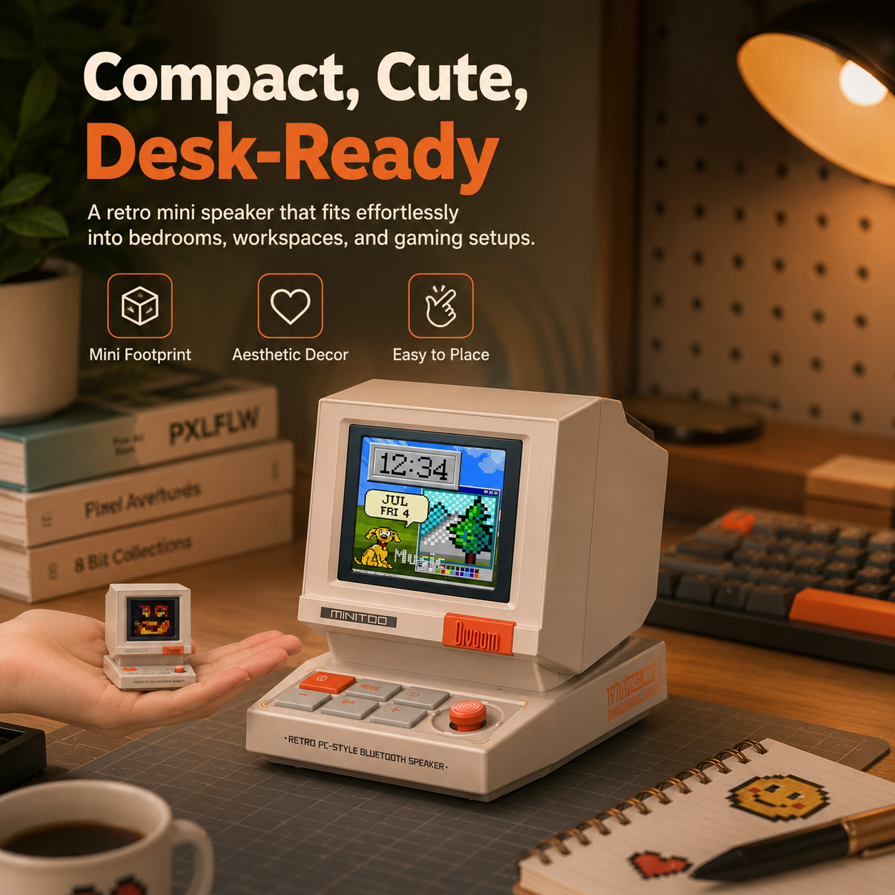 MiniToo Retro PC-Style Computer Speaker, Pixel Screen with DIY Faces | Bluetooth & USB Audio, Alarm/White Noise Clock, Desk Setup Gifts for Gaming