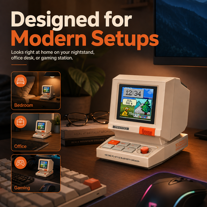 MiniToo Retro PC-Style Computer Speaker, Pixel Screen with DIY Faces | Bluetooth & USB Audio, Alarm/White Noise Clock, Desk Setup Gifts for Gaming
