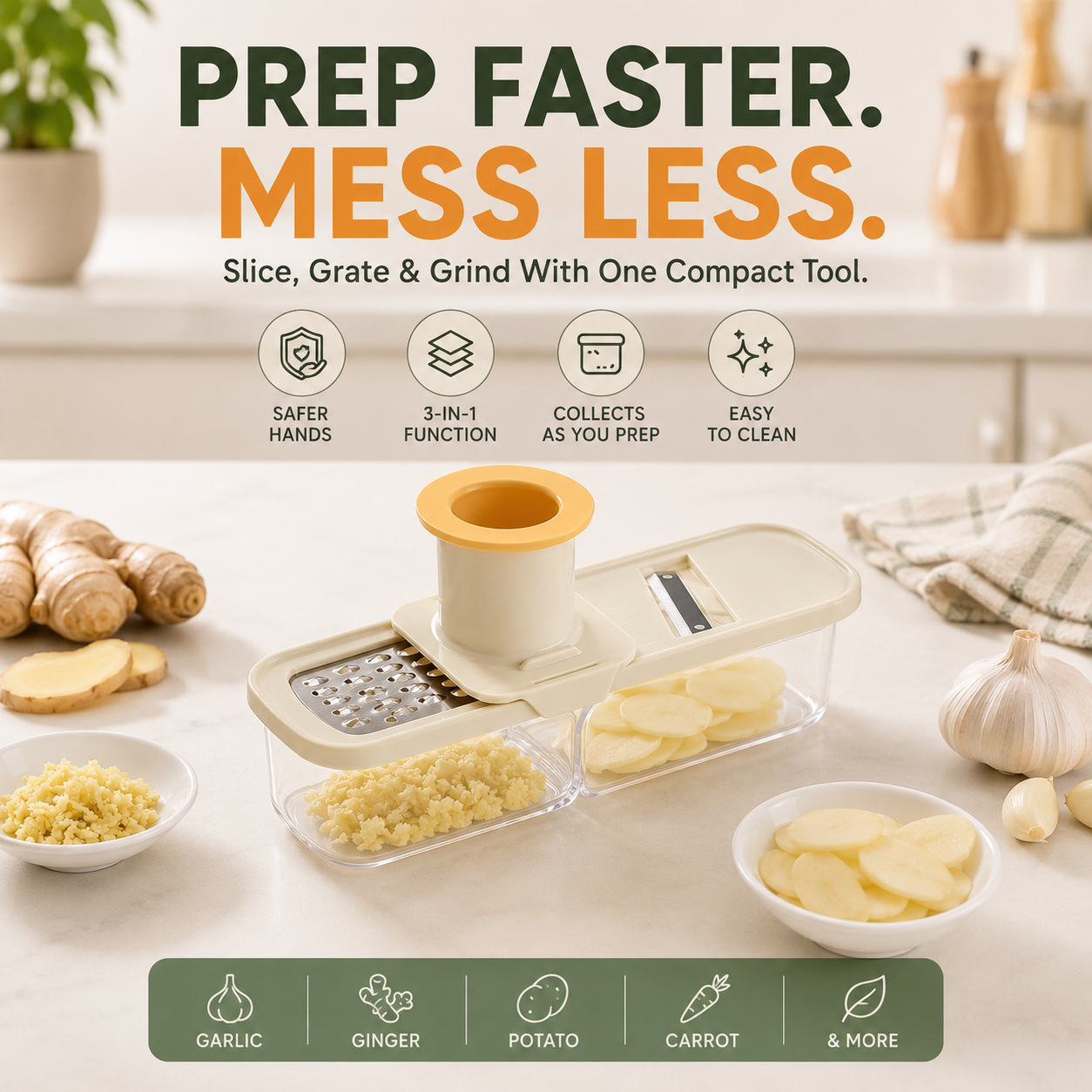 🥕 3-in-1 Food Slicer & Grater – Prep Faster, Mess Less