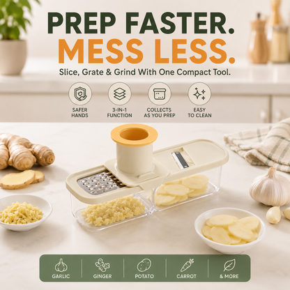 🥕 3-in-1 Food Slicer & Grater – Prep Faster, Mess Less