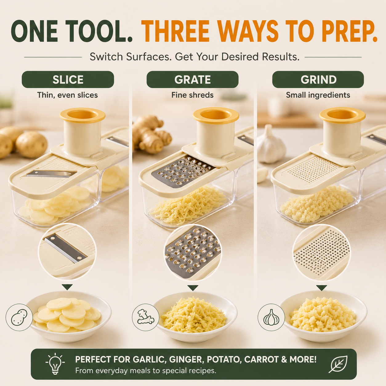 🥕 3-in-1 Food Slicer & Grater – Prep Faster, Mess Less
