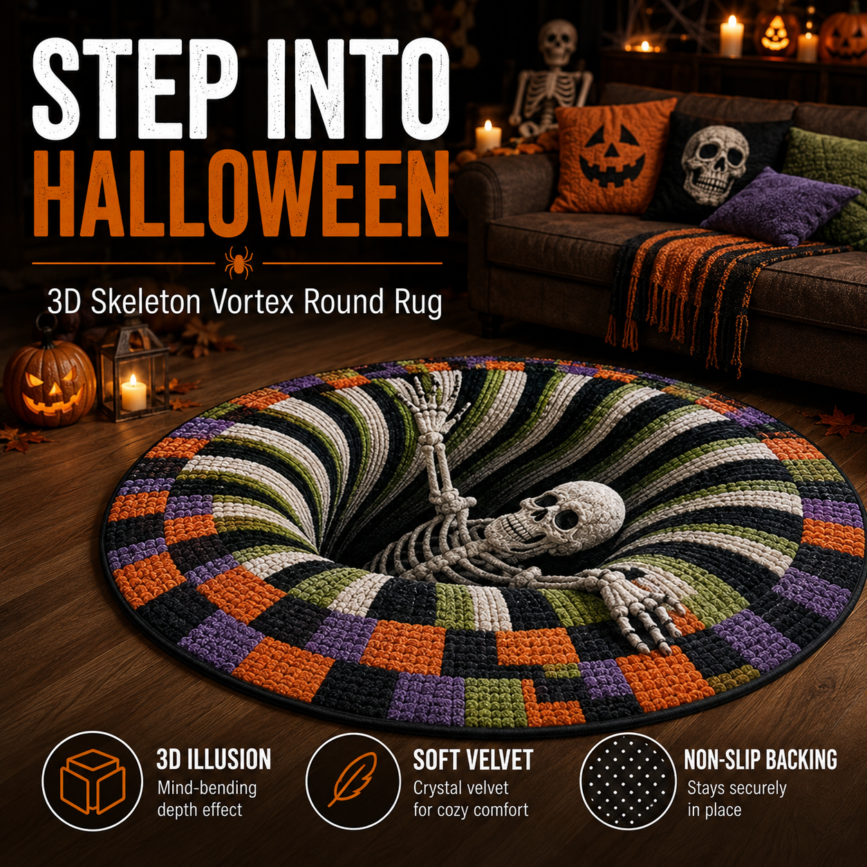 🎃3D Skeleton Vortex Quilted Round Halloween Rug