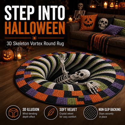 🎃3D Skeleton Vortex Quilted Round Halloween Rug