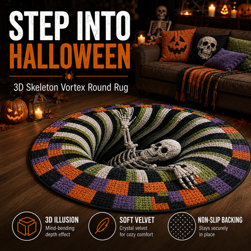 🎃3D Skeleton Vortex Quilted Round Halloween Rug