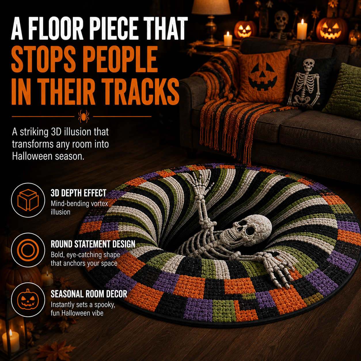 🎃3D Skeleton Vortex Quilted Round Halloween Rug