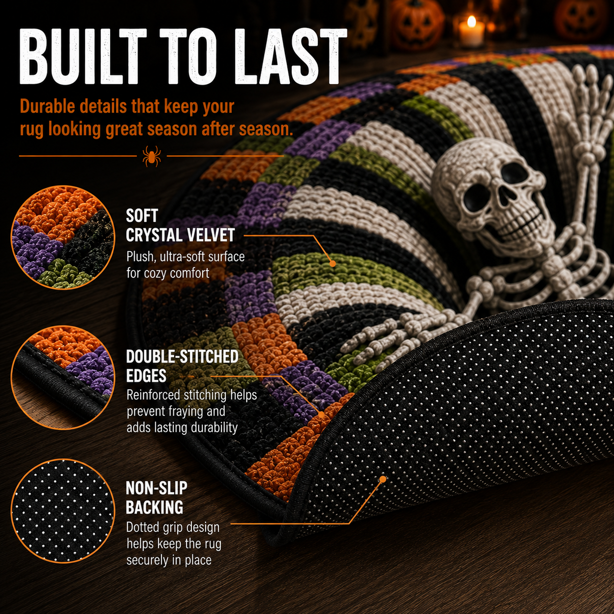 🎃3D Skeleton Vortex Quilted Round Halloween Rug