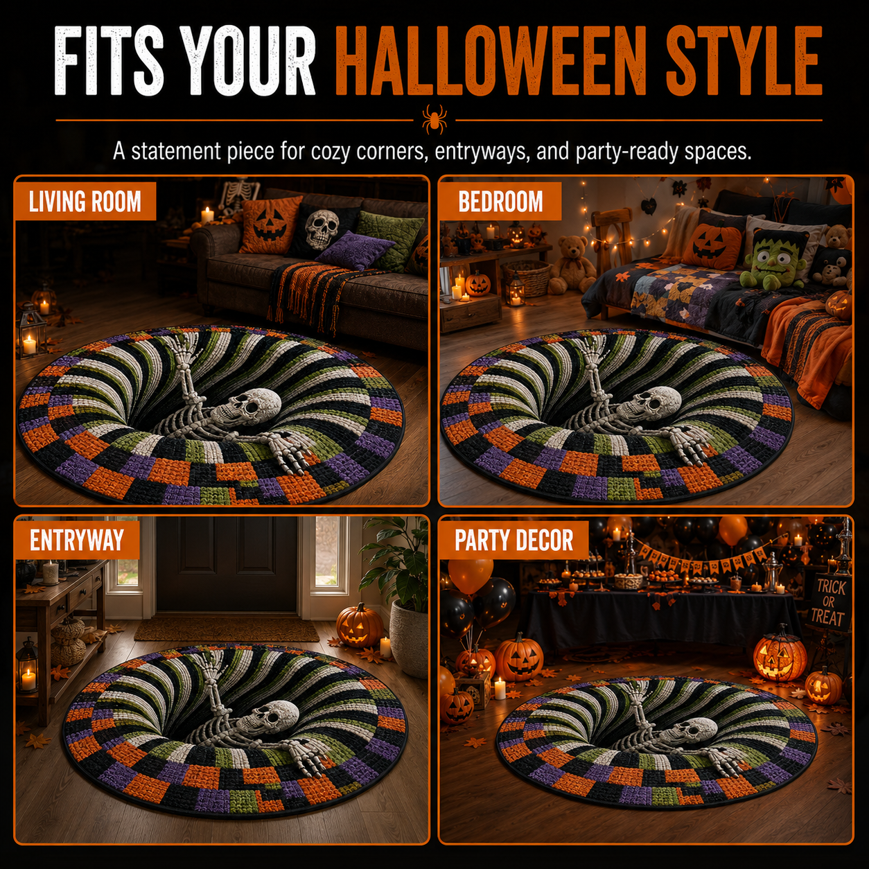 🎃3D Skeleton Vortex Quilted Round Halloween Rug