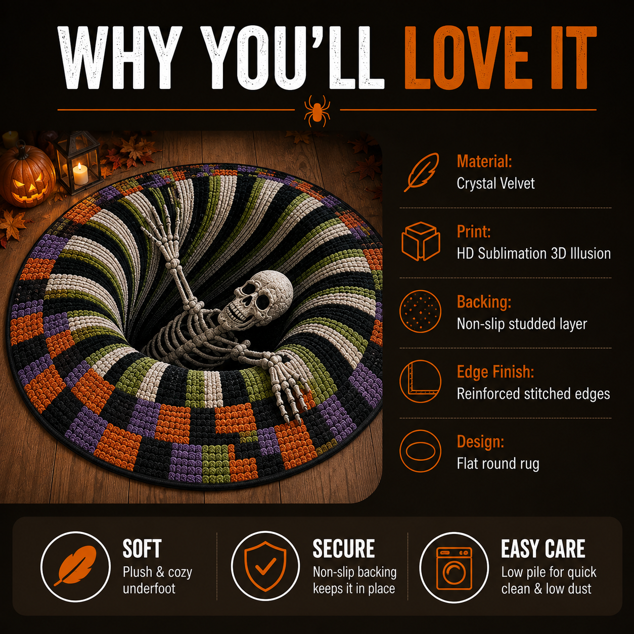 🎃3D Skeleton Vortex Quilted Round Halloween Rug