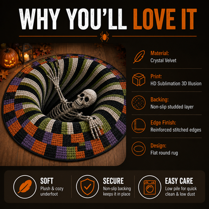 🎃3D Skeleton Vortex Quilted Round Halloween Rug