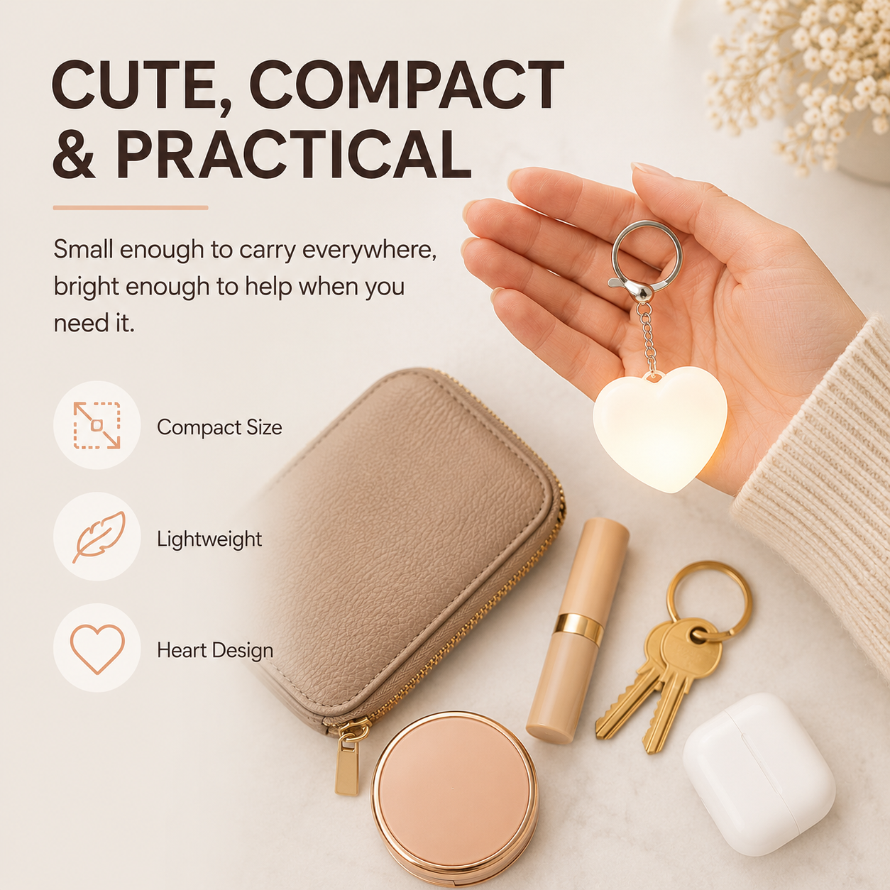 Compact heart purse light size shown in hand