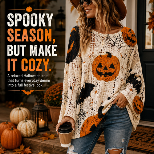 🎃 Halloween Open-Knit Pumpkin Sweater – Cozy Spooky Season Style