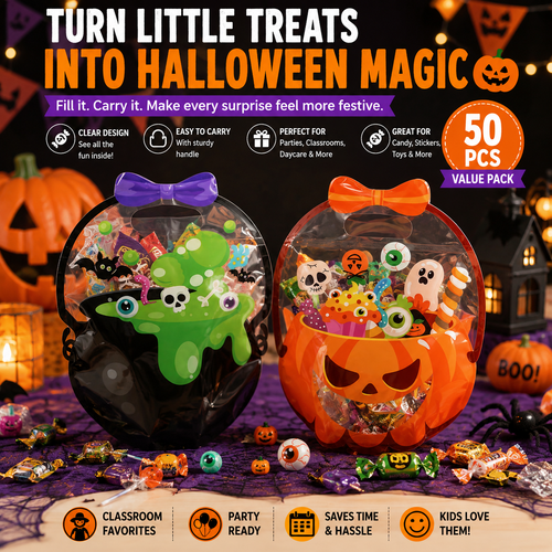 50 Pcs Halloween Goodie Bags – Clear Cauldron Candy Favor Bags