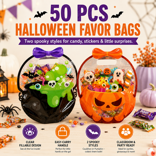 🎁50 Pcs Halloween Goodie Bags – Clear Cauldron Candy Favor Bags