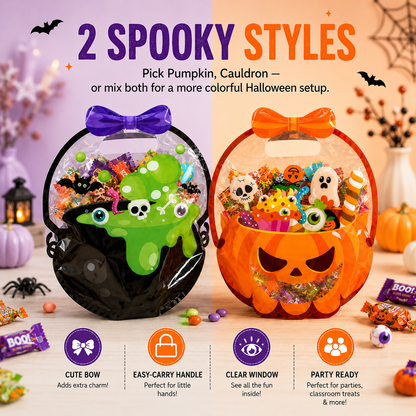 🎁50 Pcs Halloween Goodie Bags – Clear Cauldron Candy Favor Bags