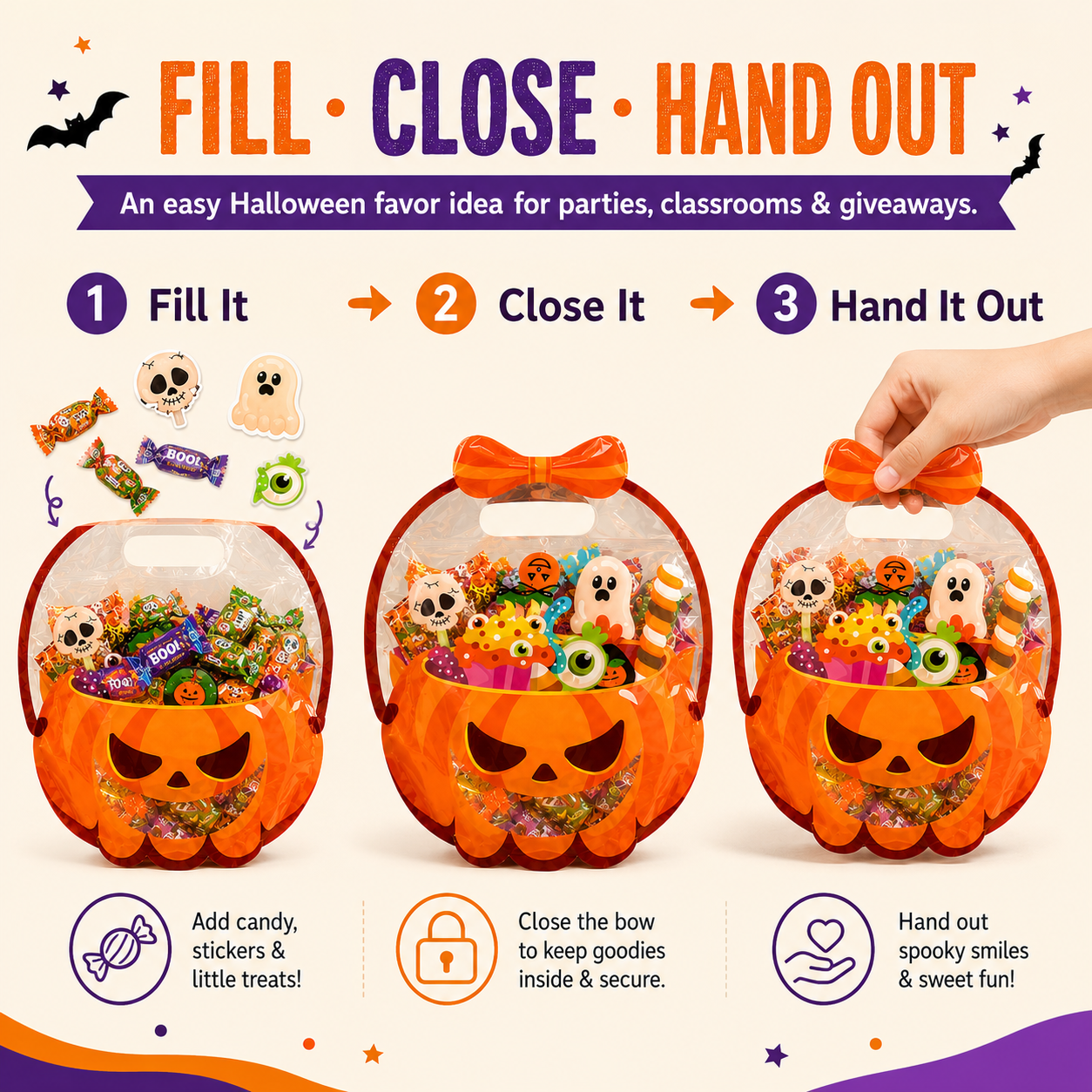 Fill close and hand out Halloween favor bag instructions