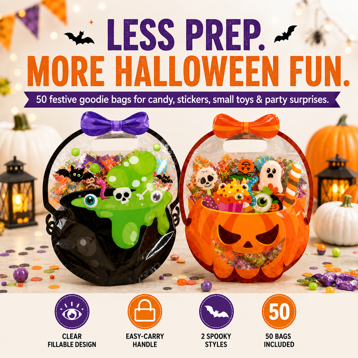 Halloween favor bags with clear fillable design easy carry handles and two spooky styles