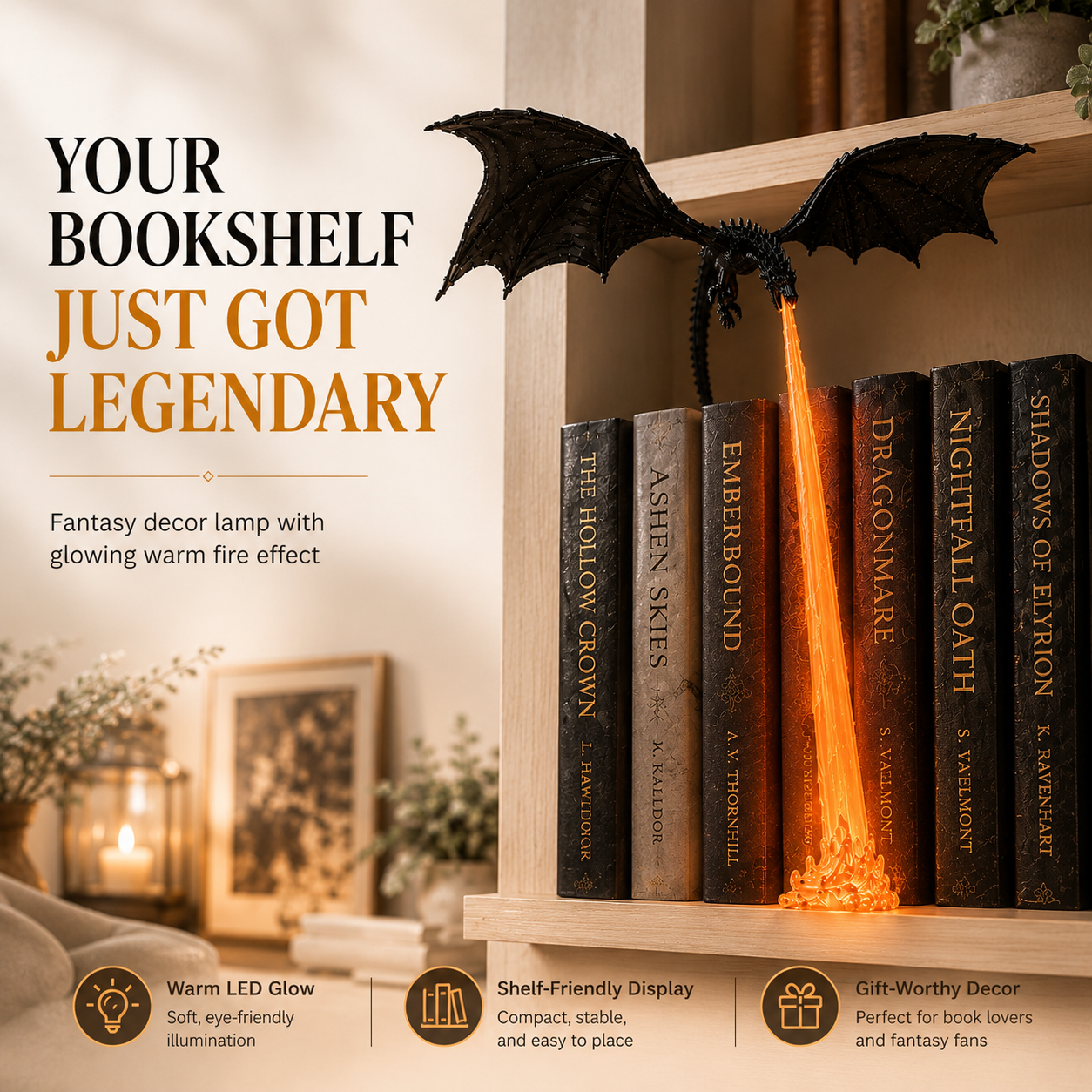 Fire breathing dragon bookshelf lamp with glowing warm LED flame effect