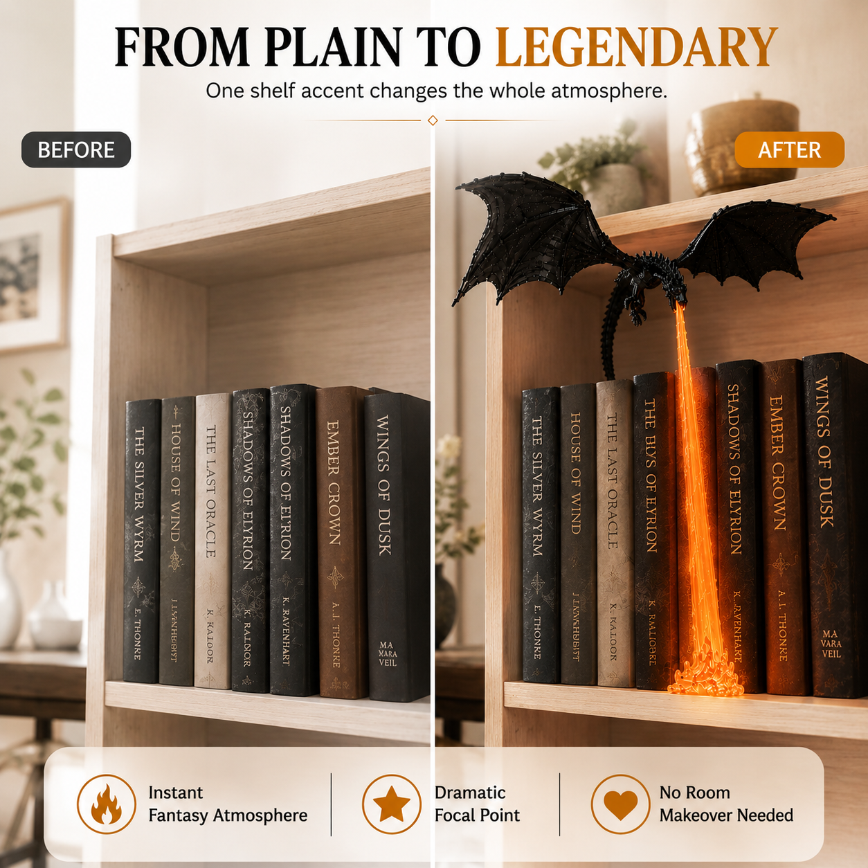 Before and after bookshelf transformation with dragon flame lamp